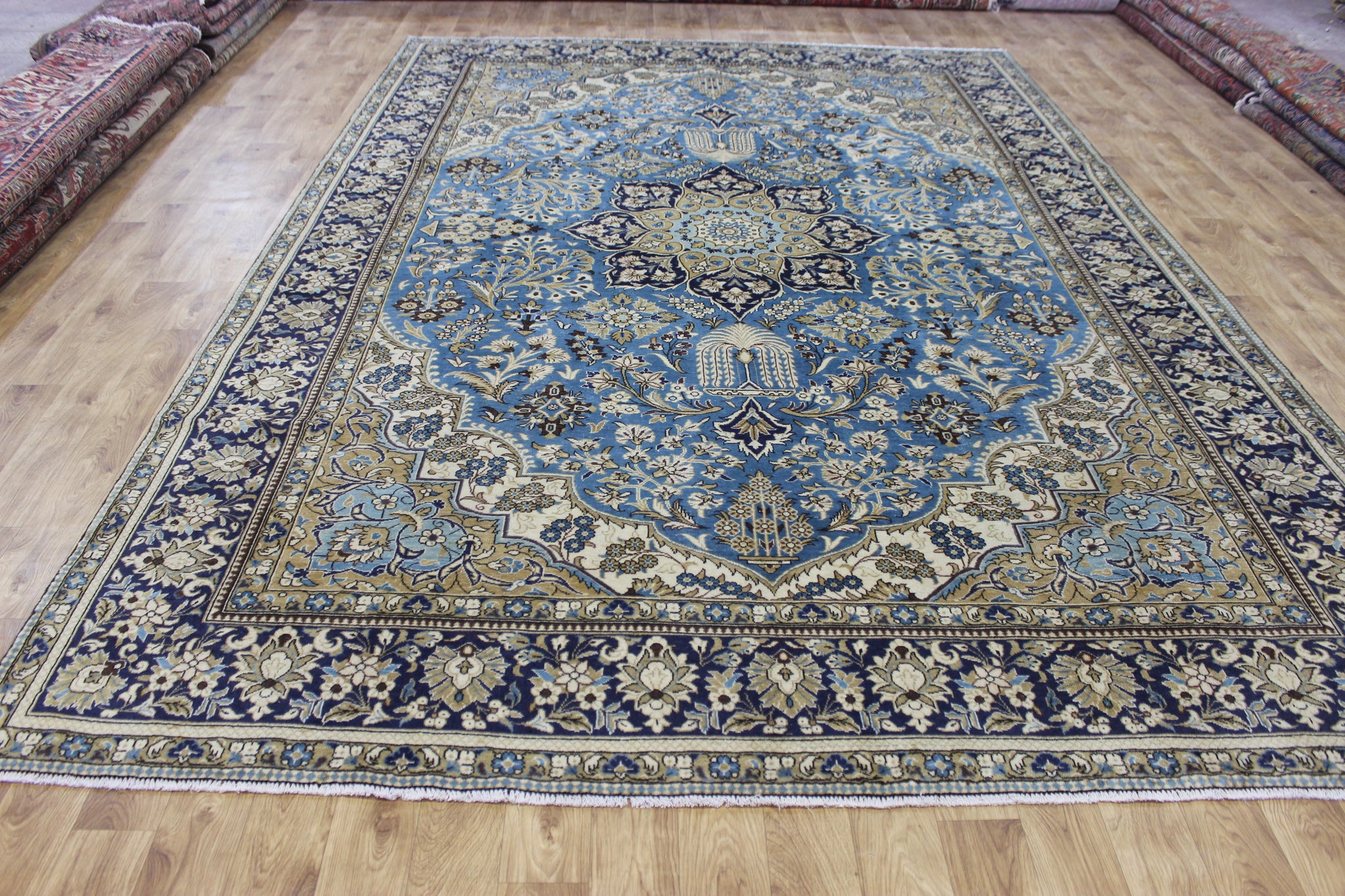 LARGE HANDMADE KASHAN BLUE CARPET 385 X 260 CM