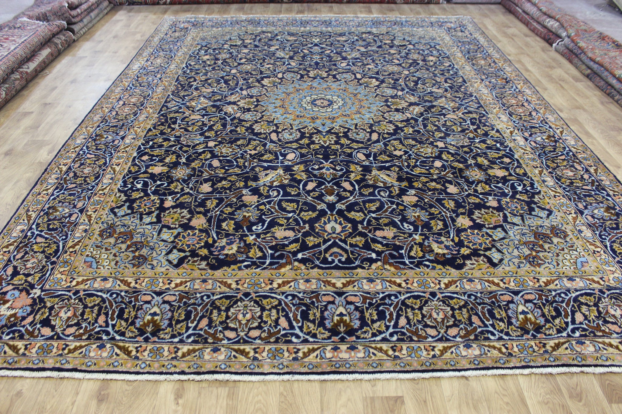 LARGE HANDMADE PERSIAN MASHAD BLUE CARPET 395 X 280 CM