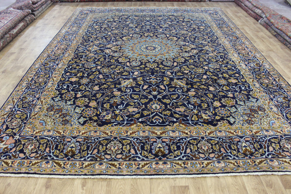 LARGE HANDMADE PERSIAN MASHAD BLUE CARPET 395 X 280 CM