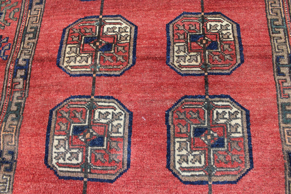 Vintage handmade Turkmen wool rug of traditional large gul design 217 x 126 cm