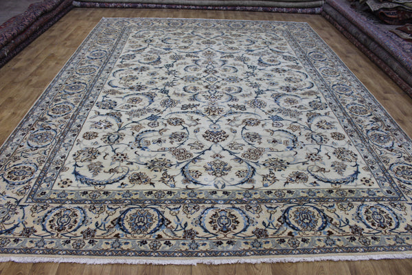 Persian Nain Rug 394 × 297 cm – Handmade Wool and Silk Floral Carpet