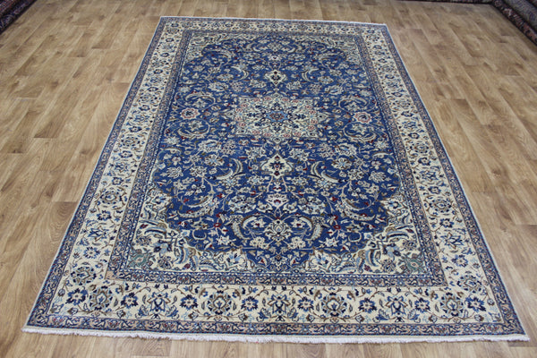 Persian Nain Wool & Silk Rug 255 × 170 cm – Handmade Blue Floral Carpet