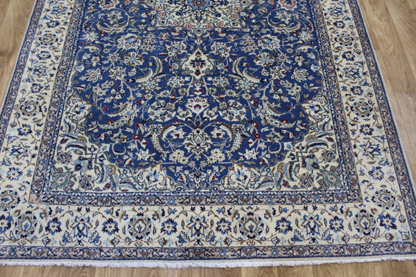 Persian Nain Wool & Silk Rug 255 × 170 cm – Handmade Blue Floral Carpet