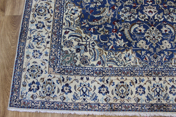 Persian Nain Wool & Silk Rug 255 × 170 cm – Handmade Blue Floral Carpet