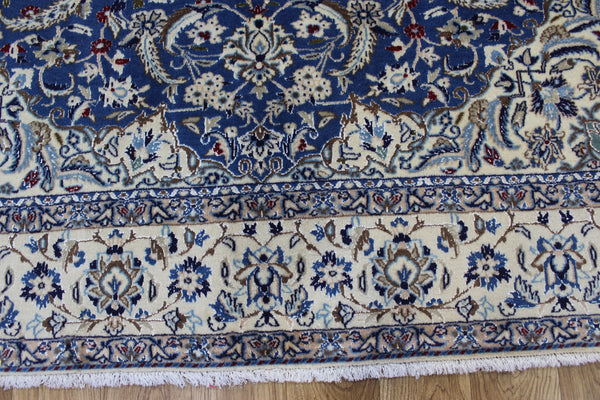 Persian Nain Wool & Silk Rug 255 × 170 cm – Handmade Blue Floral Carpet