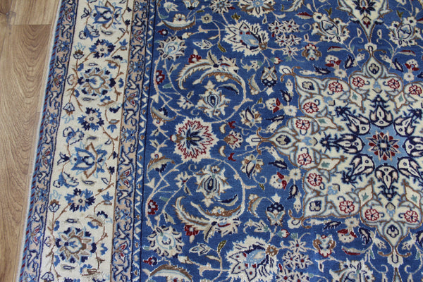 Persian Nain Wool & Silk Rug 255 × 170 cm – Handmade Blue Floral Carpet