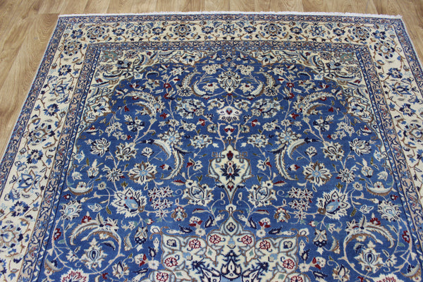 Persian Nain Wool & Silk Rug 255 × 170 cm – Handmade Blue Floral Carpet