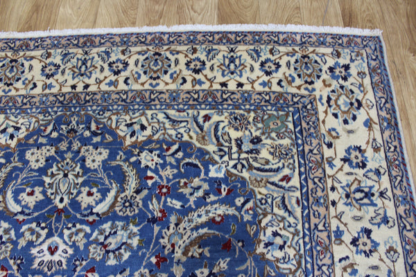 Persian Nain Wool & Silk Rug 255 × 170 cm – Handmade Blue Floral Carpet