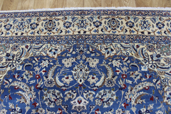 Persian Nain Wool & Silk Rug 255 × 170 cm – Handmade Blue Floral Carpet