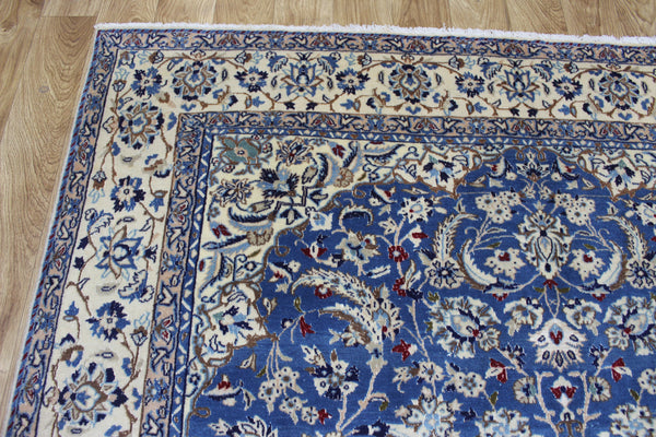Persian Nain Wool & Silk Rug 255 × 170 cm – Handmade Blue Floral Carpet