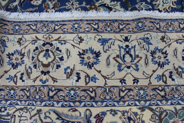 Persian Nain Wool & Silk Rug 255 × 170 cm – Handmade Blue Floral Carpet