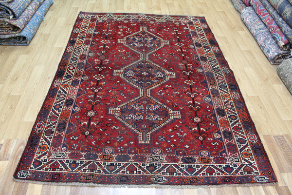 ANTIQUE HANDMADE QASHQAI WOOL RUG WITH TRIPLE MEDALLION DESIGN 230 X 160 CM