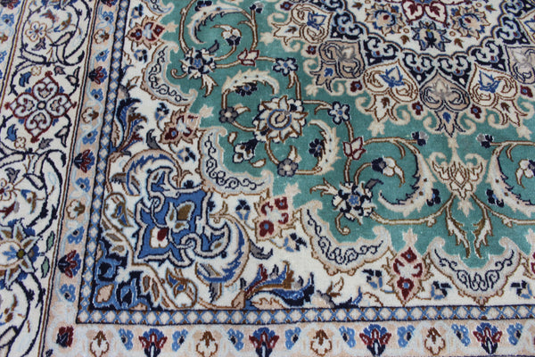 Persian Nain Wool &amp; Silk Rug 220 × 194 cm – Hand-Knotted Floral Carpet