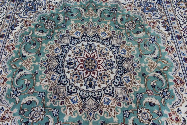 Persian Nain Wool &amp; Silk Rug 220 × 194 cm – Hand-Knotted Floral Carpet