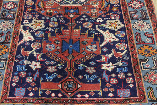 Vintage Persian Hamadan Tribal Rug 200 × 122 cm – Hand-Knotted Wool Rug  birds, animals and floral motifs.
