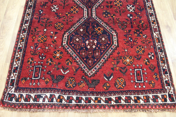 Persian Shiraz Qashqai Tribal Rug 217 × 117 cm – Triple Medallion Bird & Geometric Design