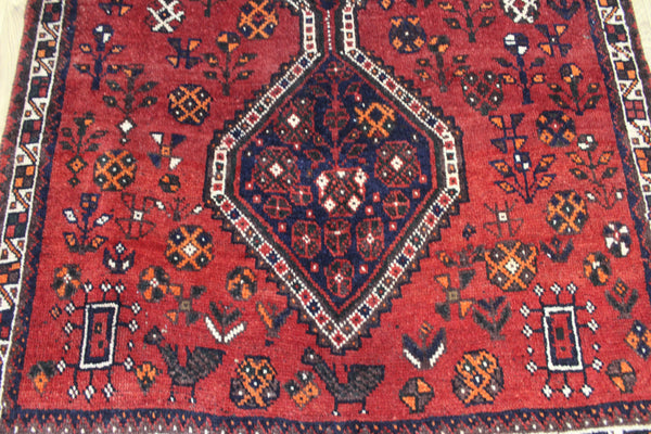 Persian Shiraz Qashqai Tribal Rug 217 × 117 cm – Triple Medallion Bird & Geometric Design