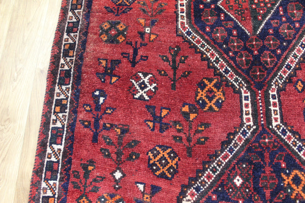 Persian Shiraz Qashqai Tribal Rug 217 × 117 cm – Triple Medallion Bird & Geometric Design