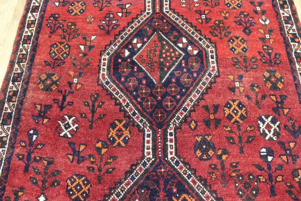 Persian Shiraz Qashqai Tribal Rug 217 × 117 cm – Triple Medallion Bird & Geometric Design