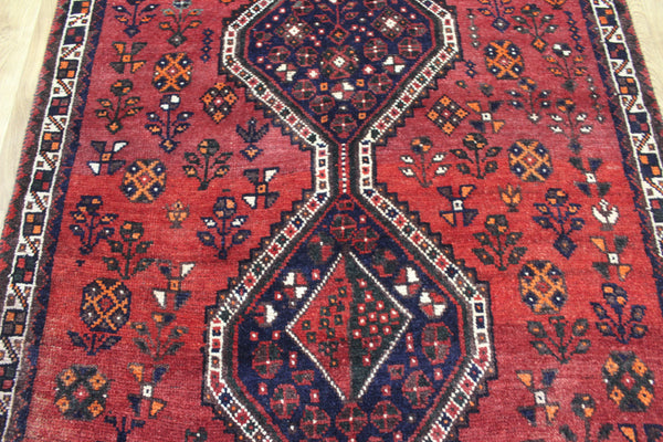 Persian Shiraz Qashqai Tribal Rug 217 × 117 cm – Triple Medallion Bird & Geometric Design
