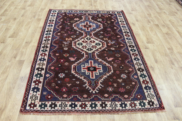 Vintage Persian Qashqai Shiraz Rug 200 × 140 cm – Brown Field Triple Medallion Tribal Design