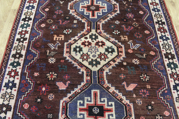 Vintage Persian Qashqai Shiraz Rug 200 × 140 cm – Brown Field Triple Medallion Tribal Design