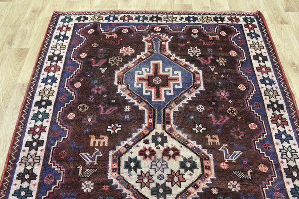 Vintage Persian Qashqai Shiraz Rug 200 × 140 cm – Brown Field Triple Medallion Tribal Design