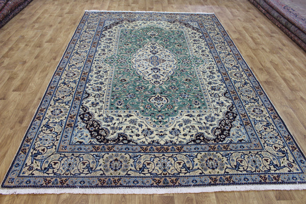 Persian Nain Wool & Silk Rug 310 × 204 cm – Fine Hand-Knotted Soft Green Carpet