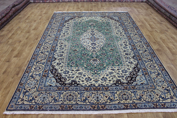 Persian Nain Wool & Silk Rug 310 × 204 cm – Fine Hand-Knotted Soft Green Carpet