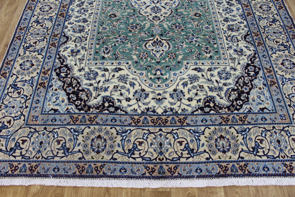 Persian Nain Wool & Silk Rug 310 × 204 cm – Fine Hand-Knotted Soft Green Carpet