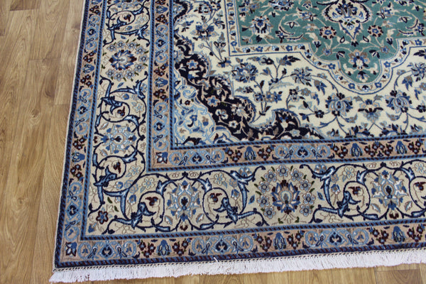 Persian Nain Wool & Silk Rug 310 × 204 cm – Fine Hand-Knotted Soft Green Carpet