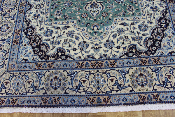 Persian Nain Wool & Silk Rug 310 × 204 cm – Fine Hand-Knotted Soft Green Carpet
