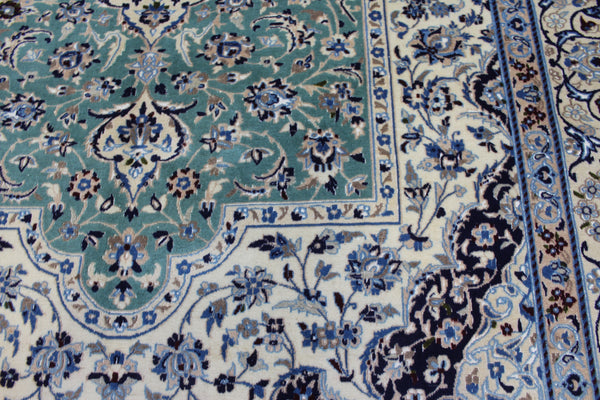 Persian Nain Wool & Silk Rug 310 × 204 cm – Fine Hand-Knotted Soft Green Carpet