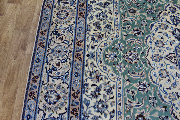 Persian Nain Wool & Silk Rug 310 × 204 cm – Fine Hand-Knotted Soft Green Carpet
