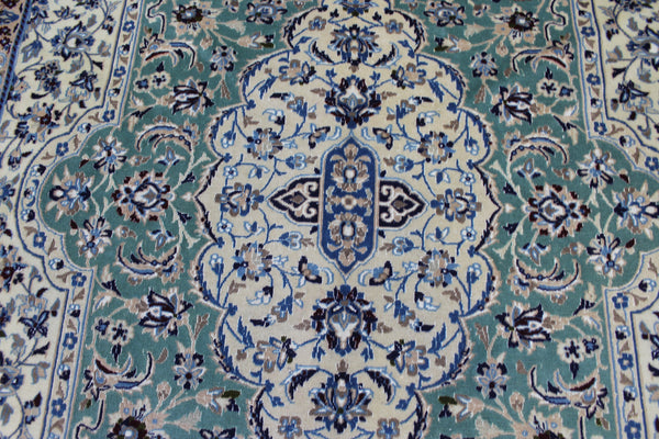 Persian Nain Wool & Silk Rug 310 × 204 cm – Fine Hand-Knotted Soft Green Carpet