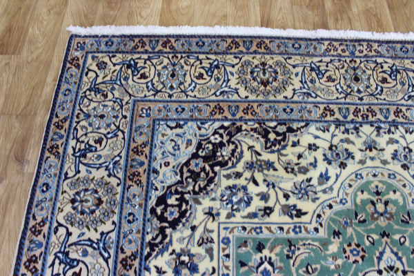 Persian Nain Wool & Silk Rug 310 × 204 cm – Fine Hand-Knotted Soft Green Carpet
