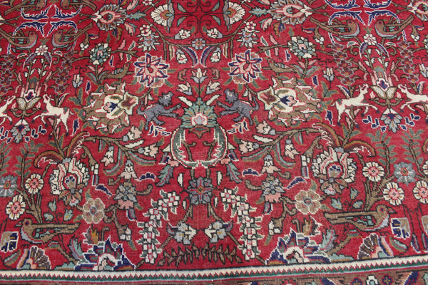 Antique Persian Tabriz Garden Carpet 384 × 295 cm – Hand-Knotted Wool Floral &amp; Animal Design