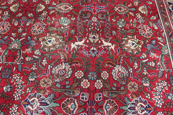 Antique Persian Tabriz Garden Carpet 384 × 295 cm – Hand-Knotted Wool Floral &amp; Animal Design
