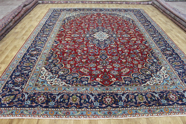 Large Persian Kashan Carpet 390 × 291 cm – Hand-Knotted Wool Red & Navy Floral Rug
