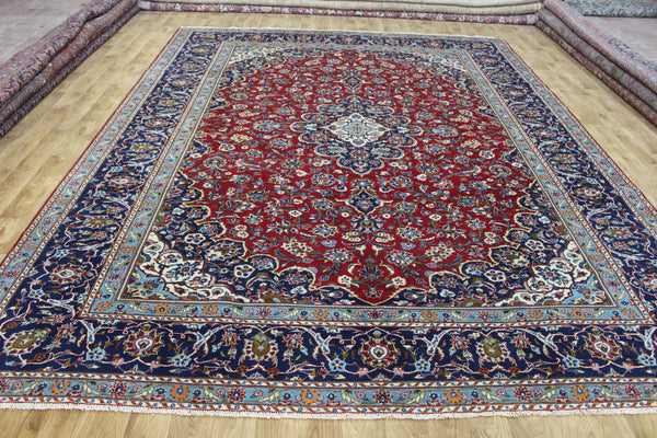 Large Persian Kashan Carpet 390 × 291 cm – Hand-Knotted Wool Red & Navy Floral Rug