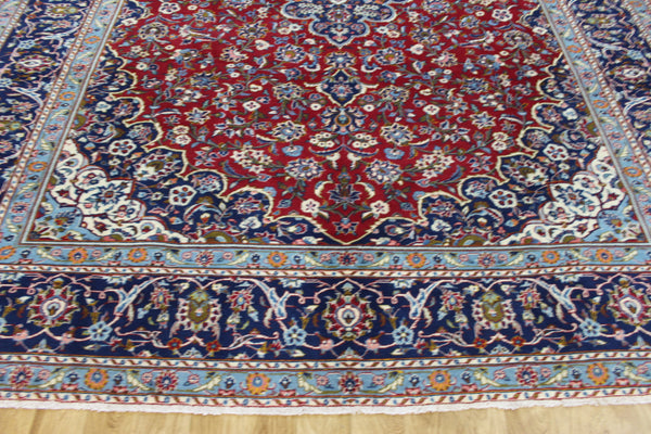 Large Persian Kashan Carpet 390 × 291 cm – Hand-Knotted Wool Red & Navy Floral Rug