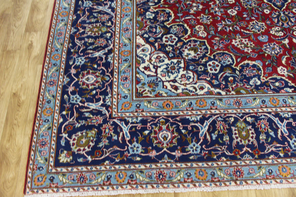 Large Persian Kashan Carpet 390 × 291 cm – Hand-Knotted Wool Red & Navy Floral Rug