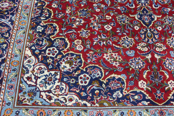 Large Persian Kashan Carpet 390 × 291 cm – Hand-Knotted Wool Red & Navy Floral Rug