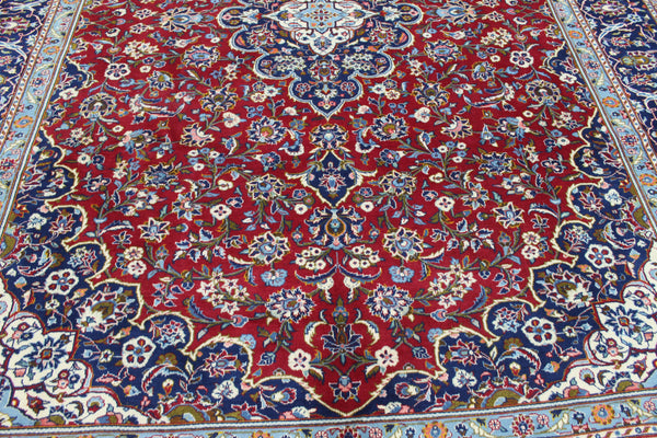 Large Persian Kashan Carpet 390 × 291 cm – Hand-Knotted Wool Red & Navy Floral Rug