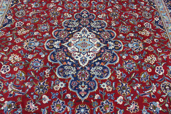 Large Persian Kashan Carpet 390 × 291 cm – Hand-Knotted Wool Red & Navy Floral Rug