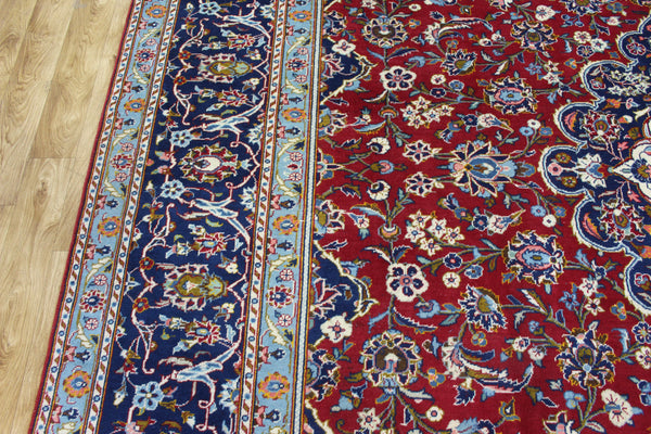 Large Persian Kashan Carpet 390 × 291 cm – Hand-Knotted Wool Red & Navy Floral Rug