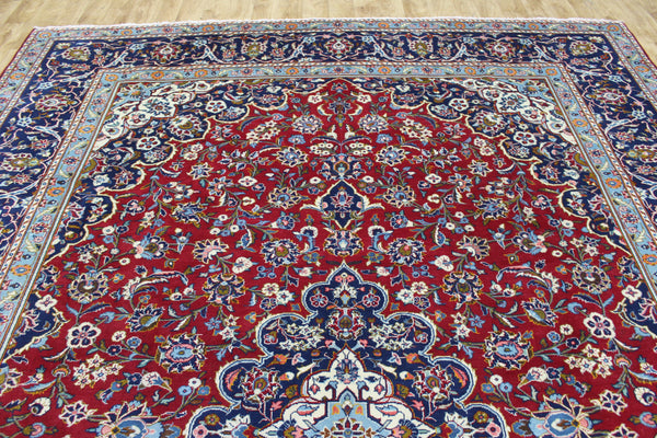 Large Persian Kashan Carpet 390 × 291 cm – Hand-Knotted Wool Red & Navy Floral Rug