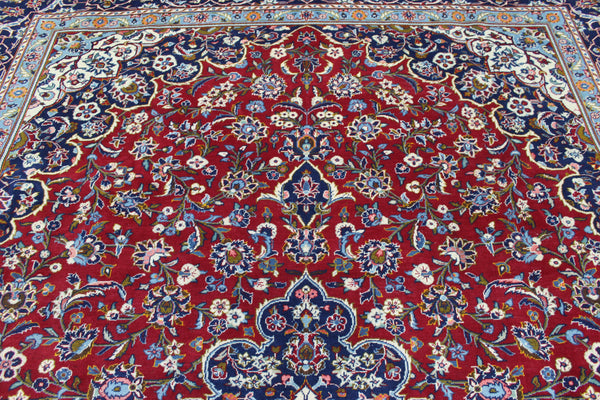 Large Persian Kashan Carpet 390 × 291 cm – Hand-Knotted Wool Red & Navy Floral Rug