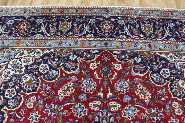 Large Persian Kashan Carpet 390 × 291 cm – Hand-Knotted Wool Red & Navy Floral Rug