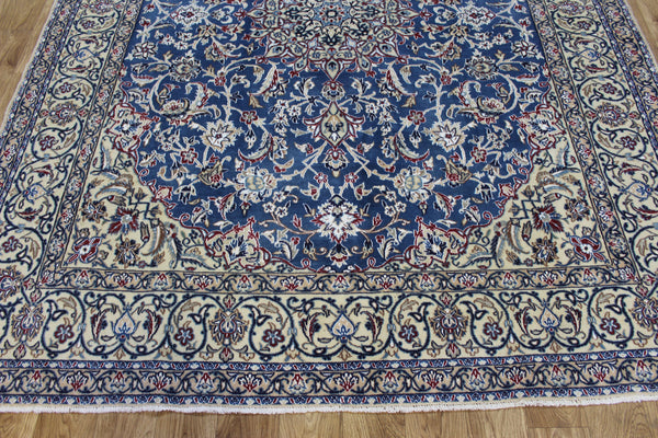 Persian Nain Wool & Silk Rug 244 × 192 cm – Hand-Knotted Blue Medallion Carpet